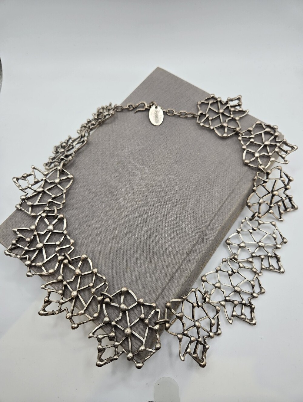 Silver Brutalist Rustic Organic Shape Necklace Fairy Grunge Blob Form Lacework
